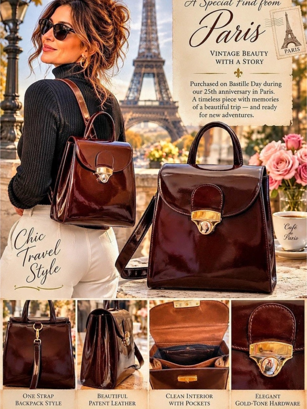 Vintage Paris Patent Leather Backpack Purse Burgundy Gold Hardware